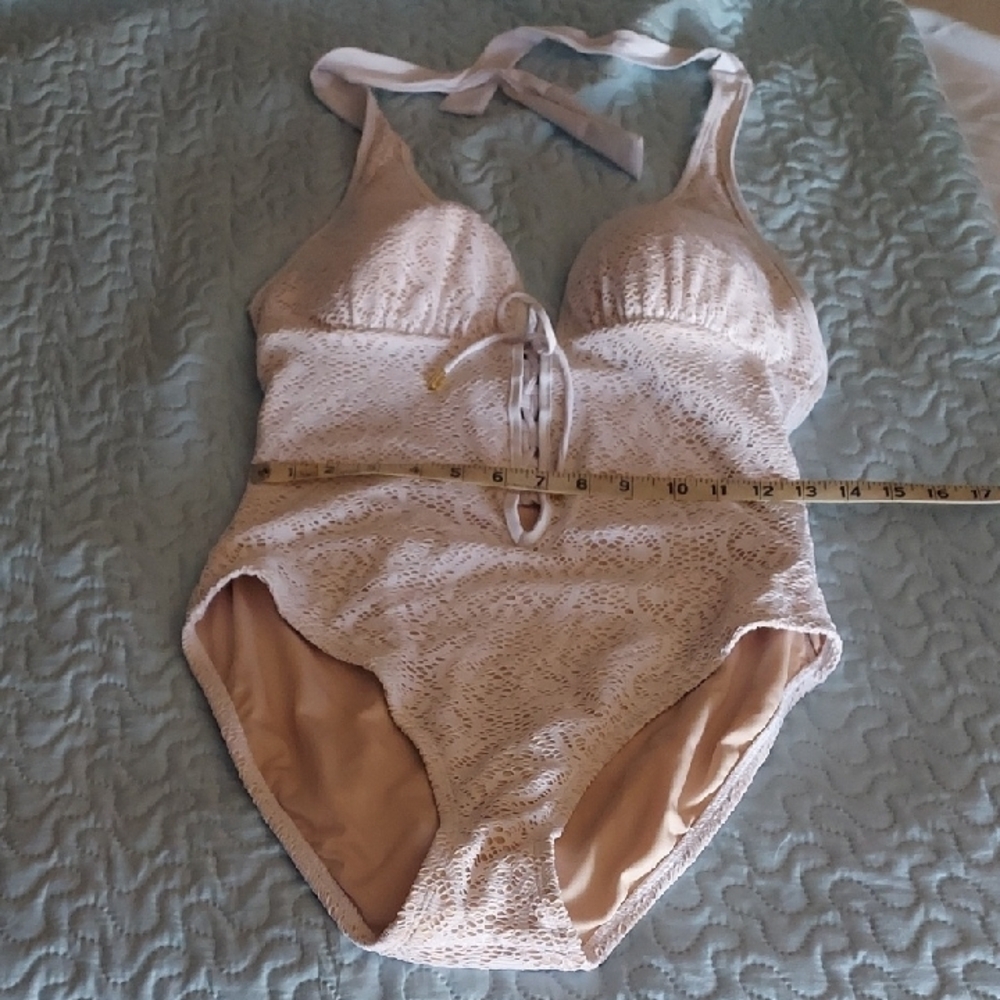Lace Halter One-Piece Swimsuit in Beige